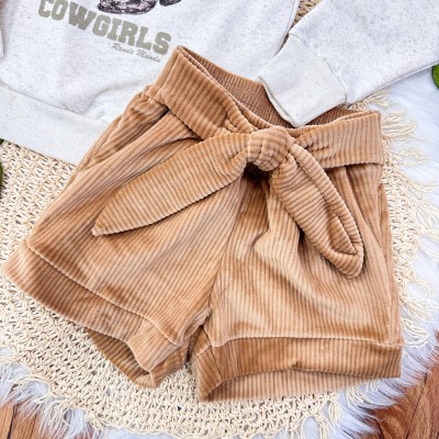 Conj. Blusão de Moletom Cowgirls e Short de Veludo com Laço - Areia 